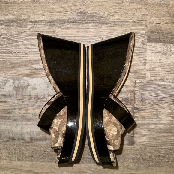 COACH Geri Black Brown Logo Print Canvas Wedge Heel Platform Sandals - US 7.5 - Picture 2 of 8